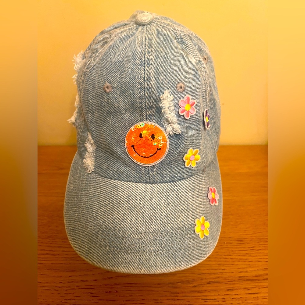 Denim smiley face cap
